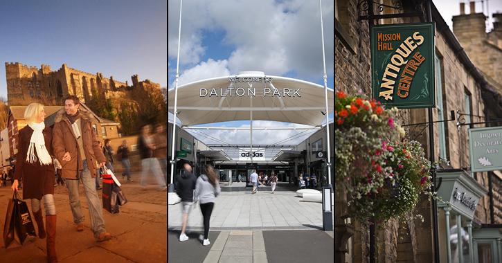 couple shopping in Durham City, Entrance to Dalton Park and shops at Barnard Castle
